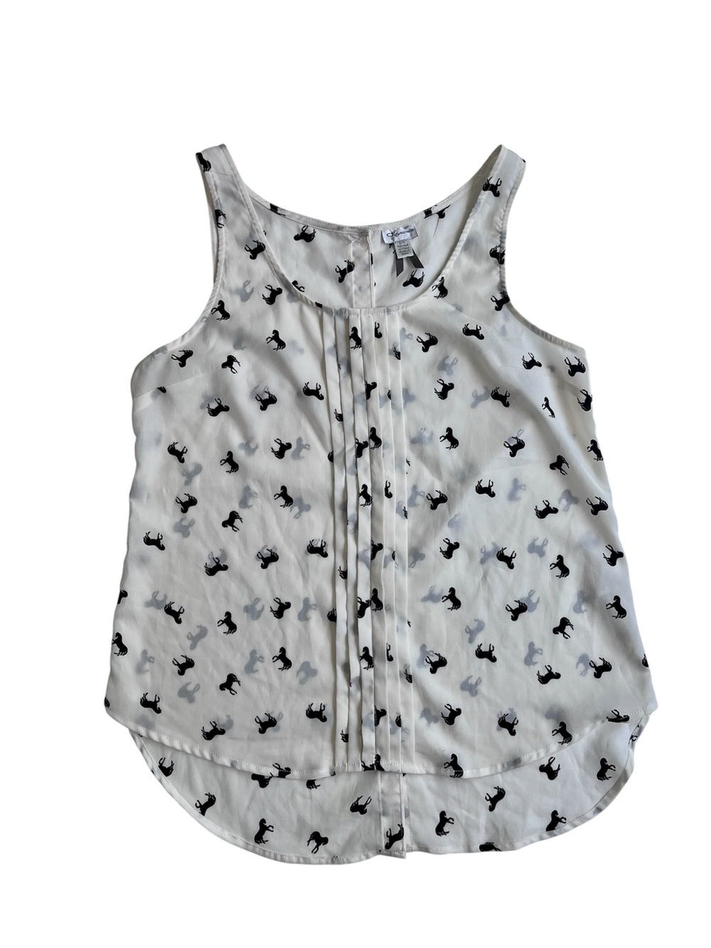 Dynamite Off-White Sleeveless Pintuck Blouse with Black Pony Print